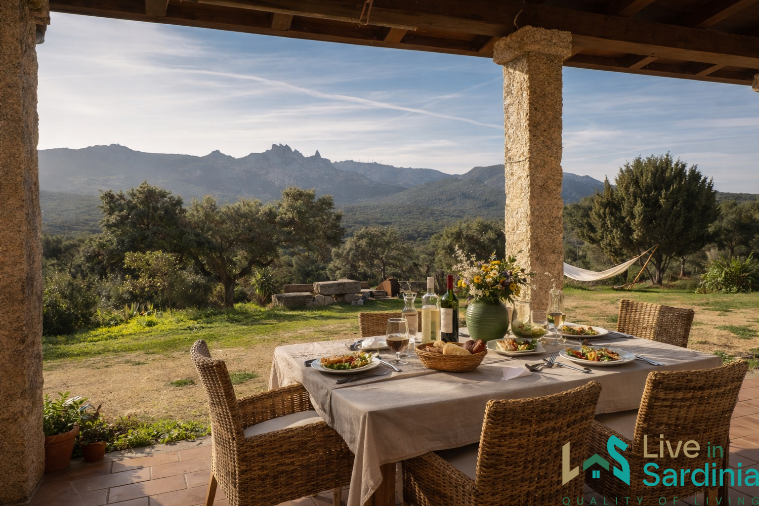 Country house veranda with panoramic view over Monte Limbara