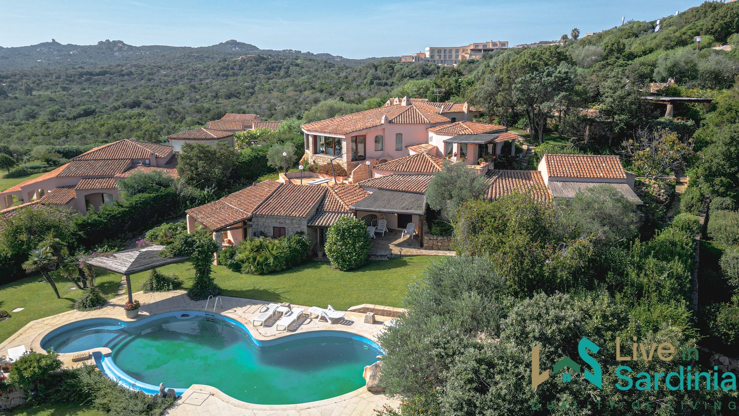 Aerial view sardinia villa with garden and pool in mediterranean style 