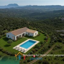 rendering of a sardinia villa stazzu style villa with pool, views on tavolara, amid sardinia vegetation and hilly setup