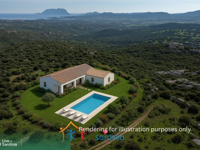rendering of a sardinia villa stazzu style villa with pool, views on tavolara, amid sardinia vegetation and hilly setup