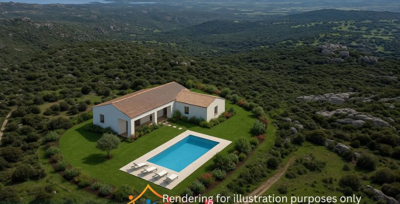 rendering of a sardinia villa stazzu style villa with pool, views on tavolara, amid sardinia vegetation and hilly setup