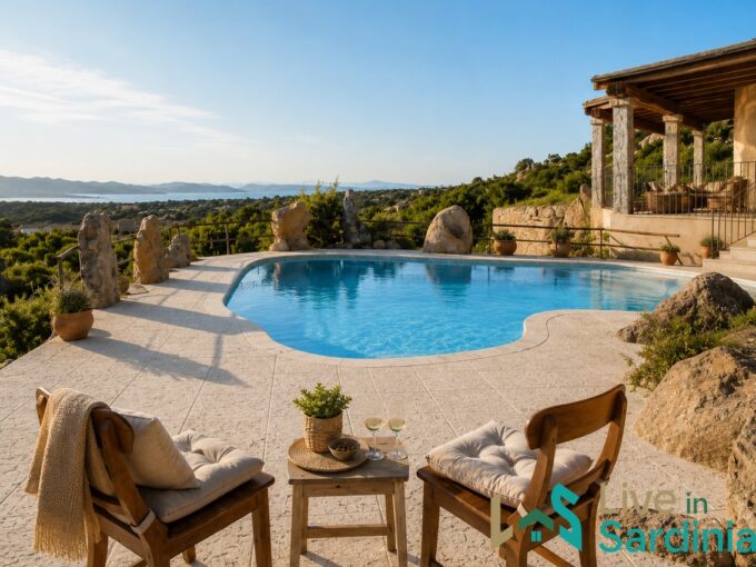 Pool terrace and outdoor living area with sea views at a restored villa in San Pantaleo