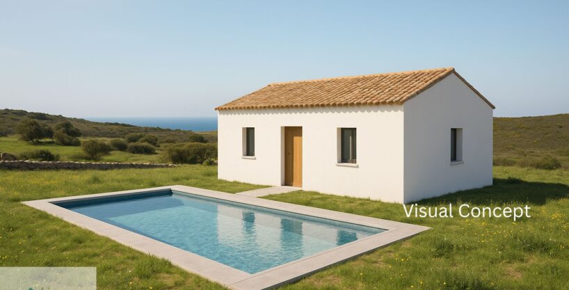 Sea-view rendering through a window, showing a white villa on a stone path surrounded by greenery.