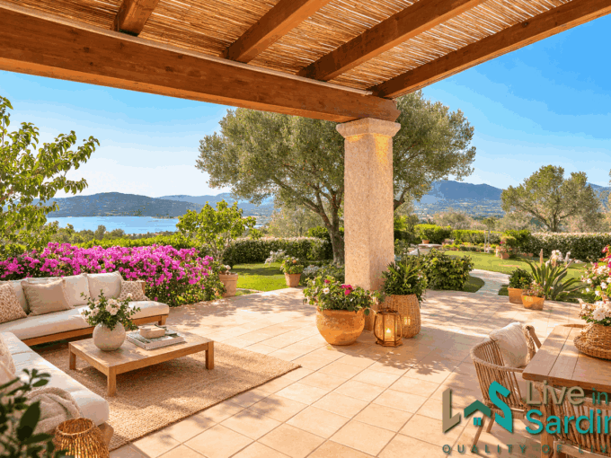 Stazzo for sale near San Pantaleo Sardinia, Villa Maria in Cugnana with sea view terrace over the Gulf of Cugnana