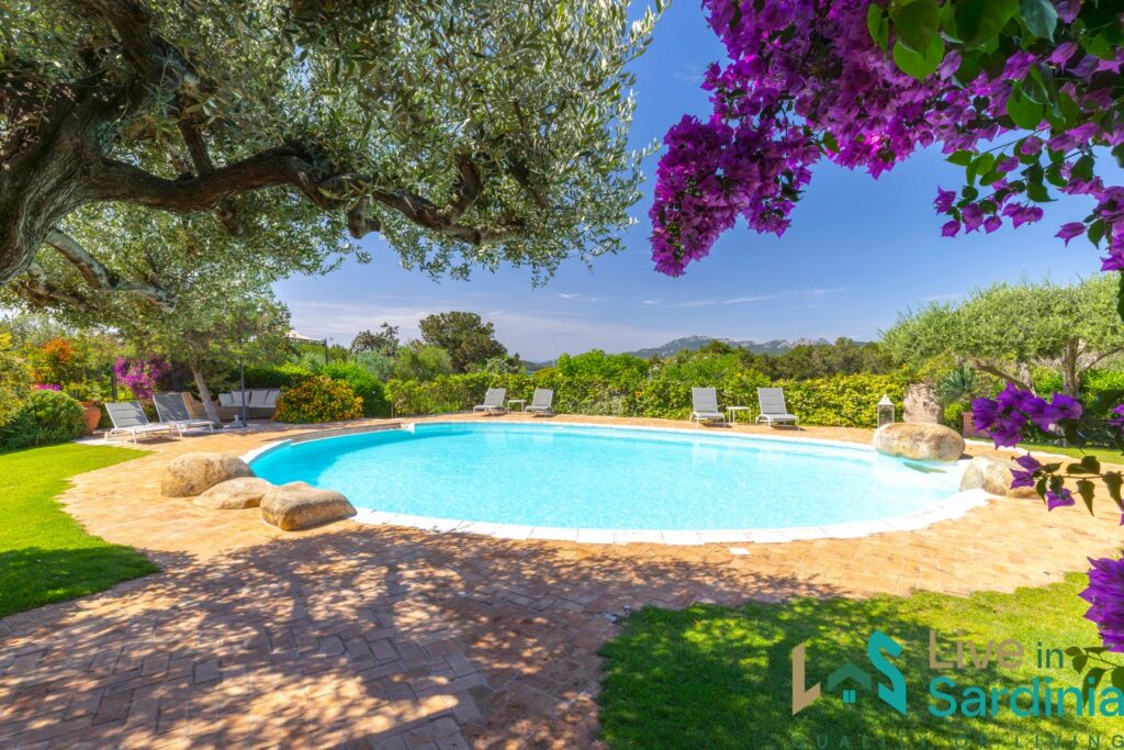 Circular shaped pool and stone cobblestone around with greenery and flowers and trees