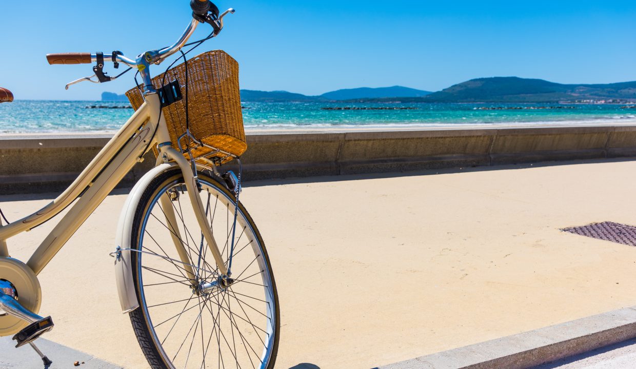 A bicycle wheel in front a sea promenade in sardinia and clear turquoise waters and coastline on the background