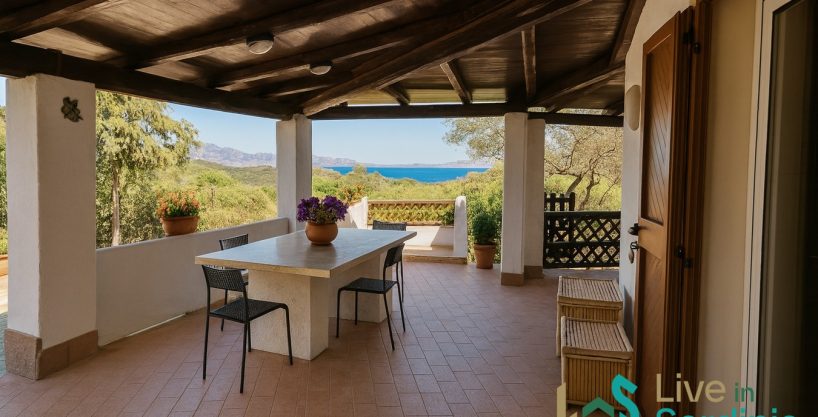 Panoramic terrace overlooking the hills and sea from villa in Cugnana, Olbia.